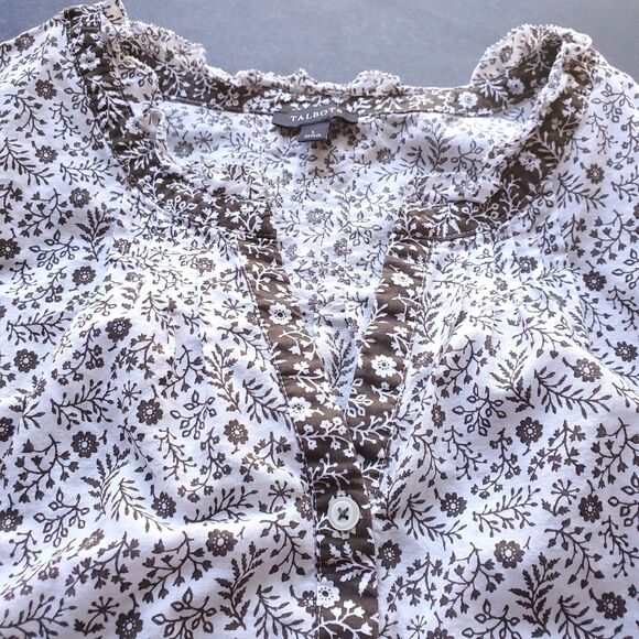 Talbots Sleeveless Cotton Popover Size L White Brown Ditsy Floral Ruffle Dainty - Picture 4 of 11